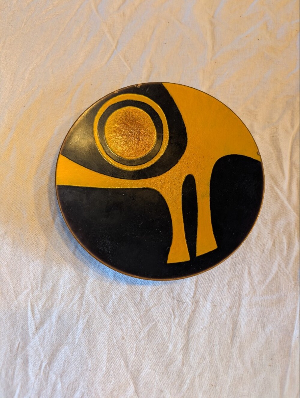 2/80$ Vintage Black and Mustard Yellow enamel on copper trinket decorative dish